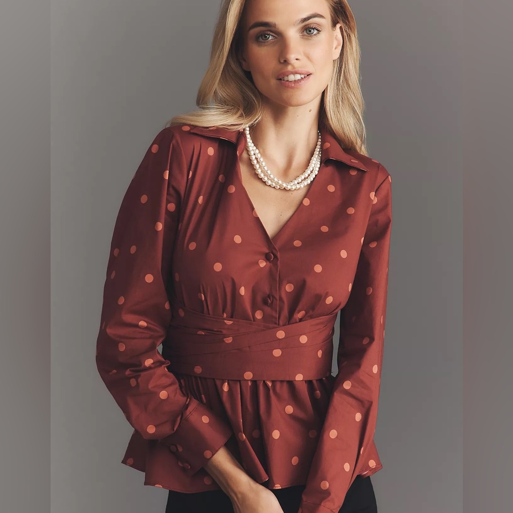 Anthropologie Hutch Long-Sleeve Wrap-Front Peplum Blouse Small Pink Dot New
